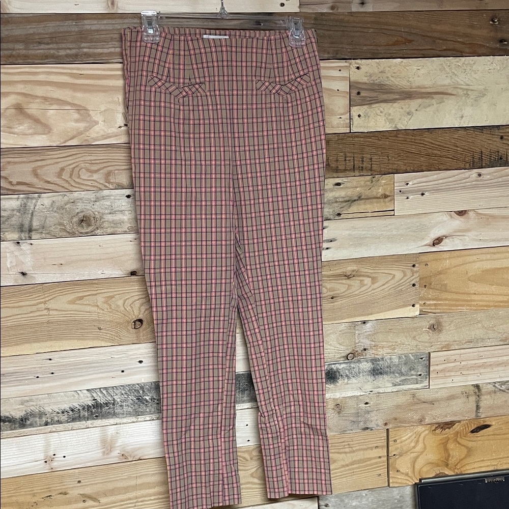Anthropologie size 2 Pink & Tan Plaid Stretchy Side Zip and Button Skinny Pants